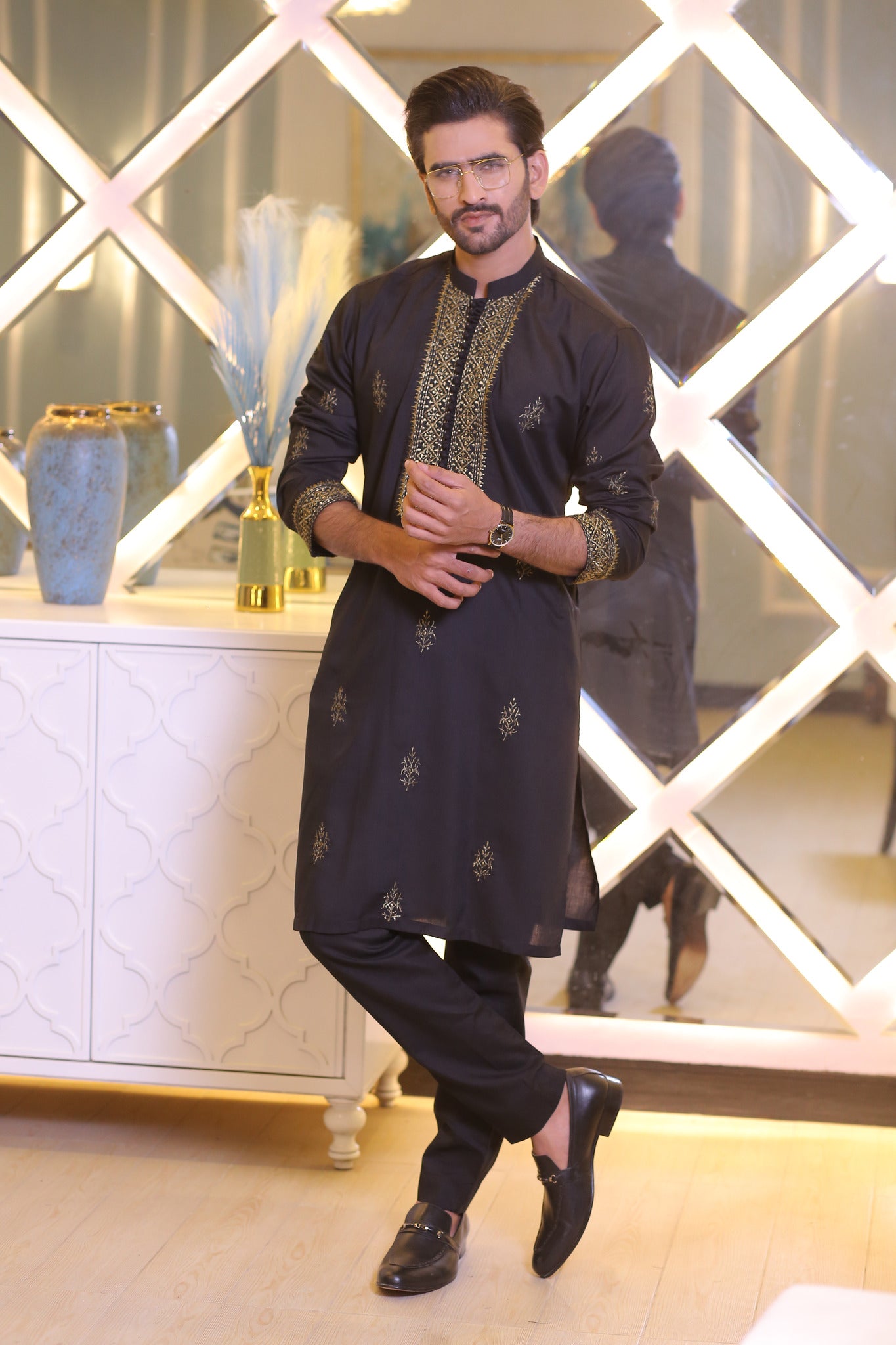 CK 21 Black Kurta Pajama Golden Embroidered For Men Mashal Couture