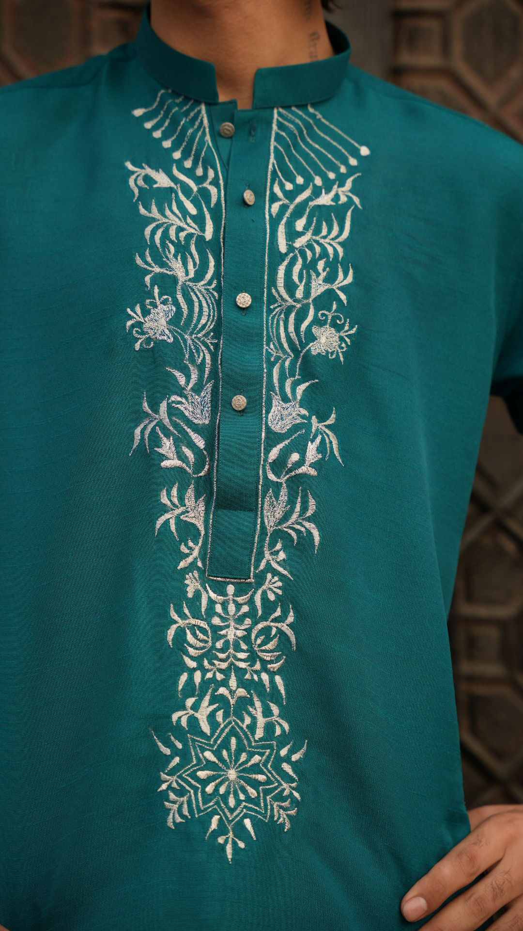 Green Rainforest Embroidery Kurta Pajama For Men