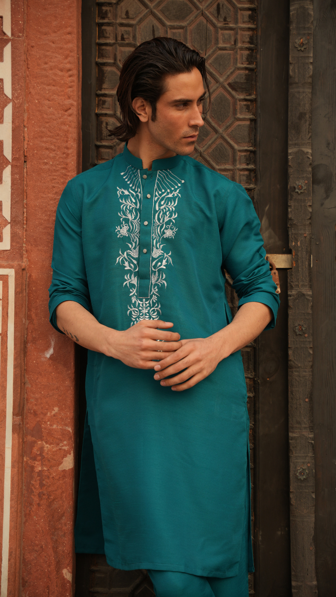 Green Rainforest Embroidery Kurta Pajama For Men