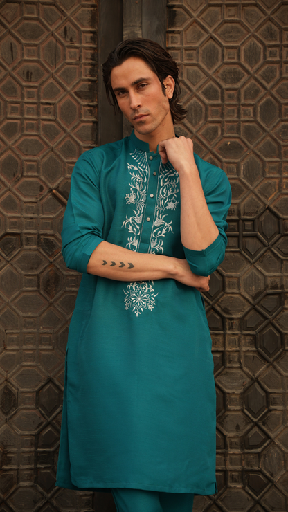 Green Rainforest Embroidery Kurta Pajama For Men