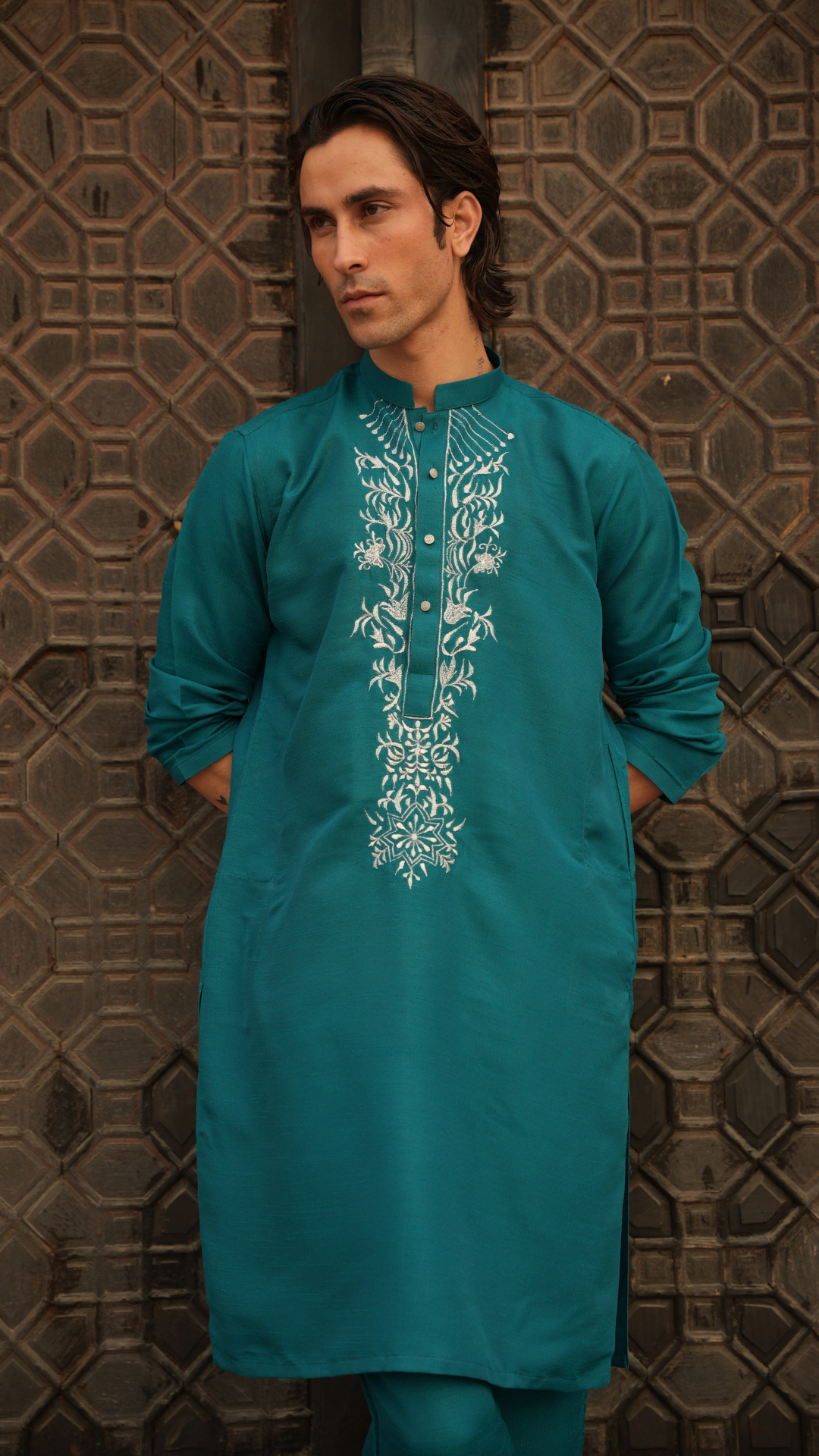 Green Rainforest Embroidery Kurta Pajama For Men