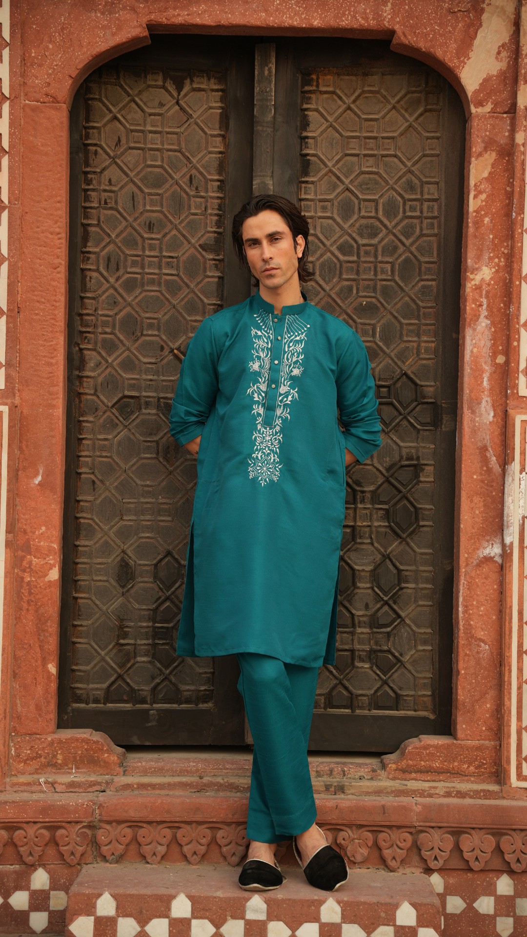 Green Rainforest Embroidery Kurta Pajama For Men