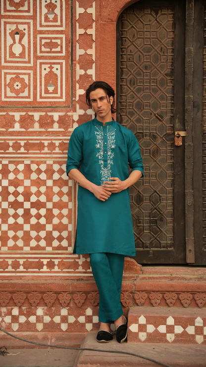 Green Rainforest Embroidery Kurta Pajama For Men