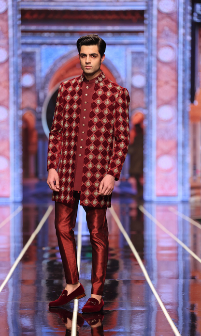 MC 612 Maroon Velvet Sherwani For Wedding