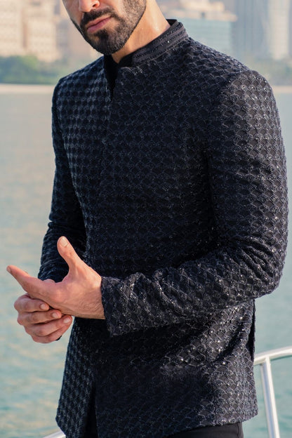 Men's MC 113 Black Embroidery Prince Coat - Available at MashalCouture.com