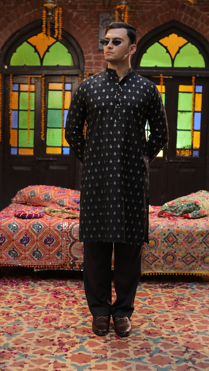 Black Abla Embroidery Work Kurta For Men