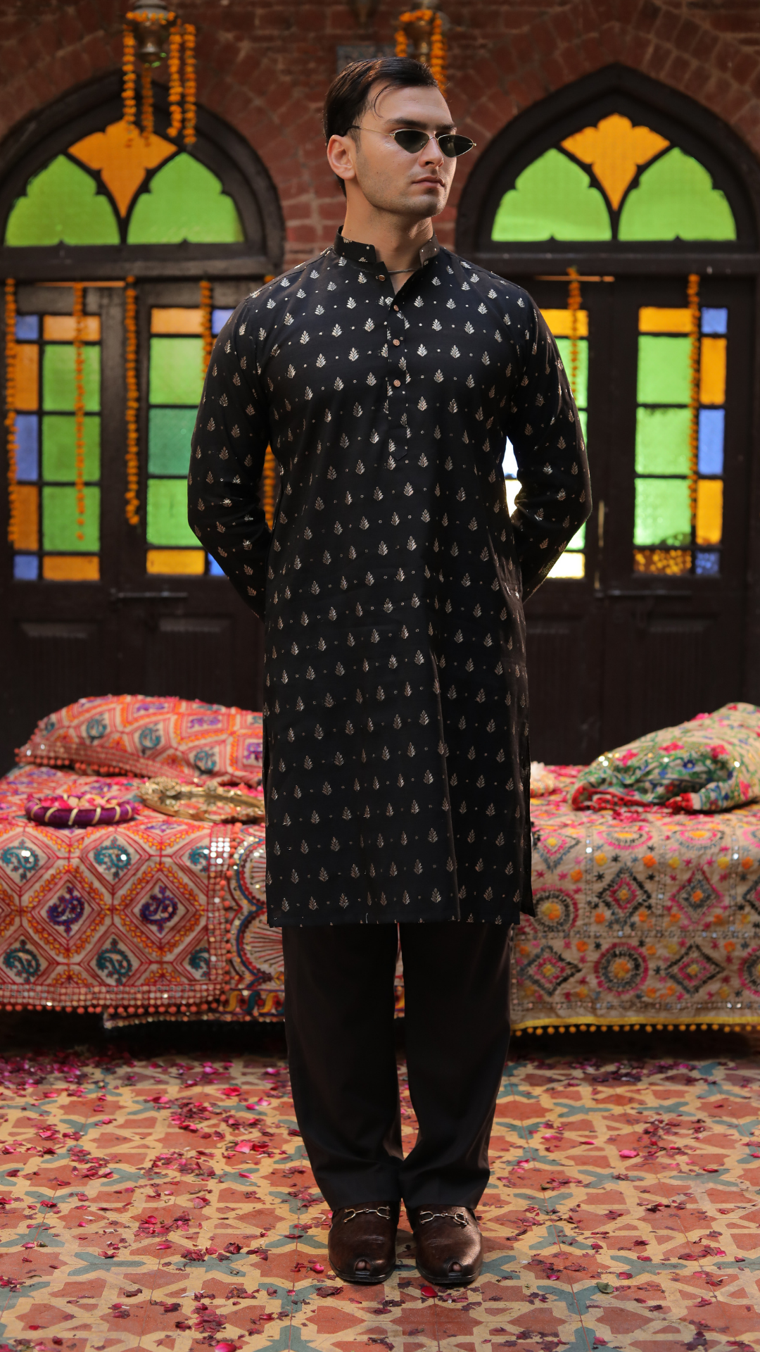 Black Abla Embroidery Work Kurta For Men