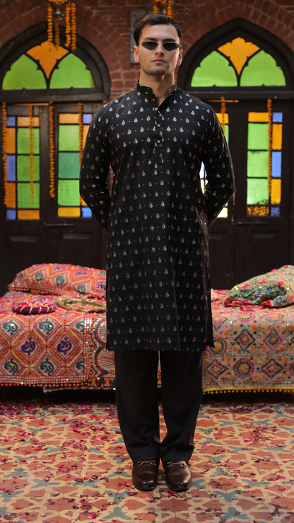 Black Abla Embroidery Work Kurta For Men