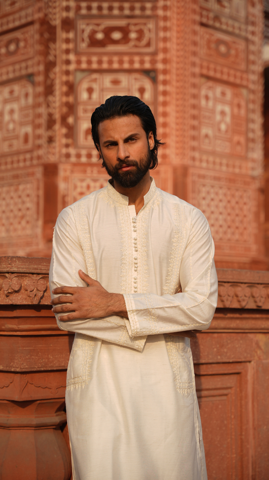 Off White Keel-Kangan Kurta Dress For Men