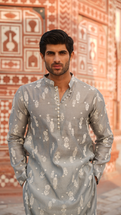 Powder Blue Chikan-Doz Kurta For Men