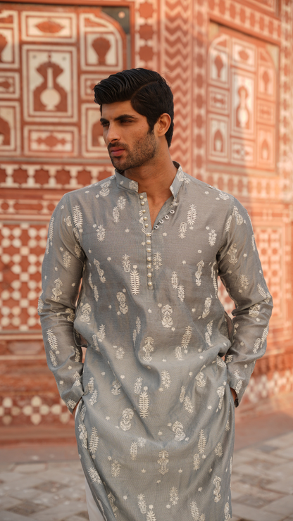 Powder Blue Chikan-Doz Kurta For Men