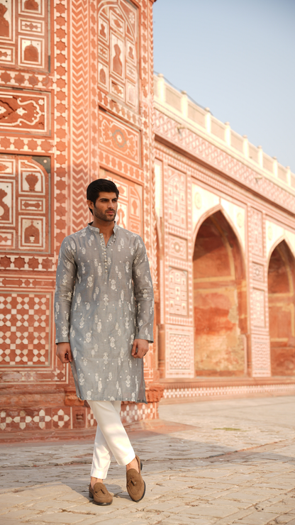 Powder Blue Chikan-Doz Kurta For Men