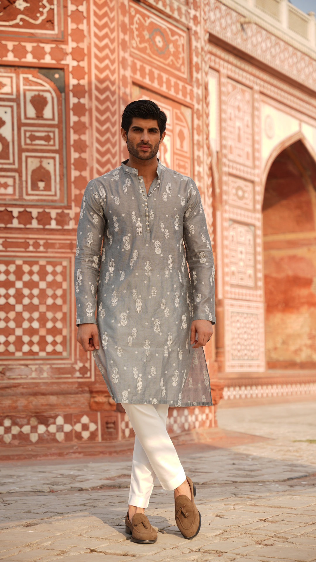 Powder Blue Chikan-Doz Kurta For Men