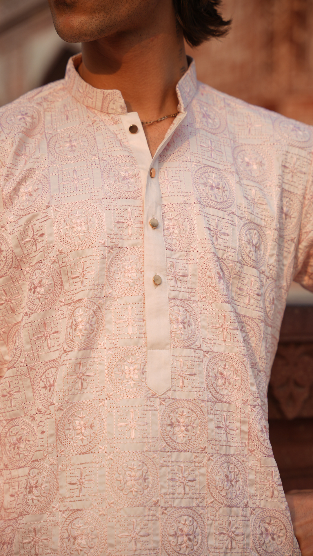 Bakhia Embroidery Work Pink Kurta Dress Men