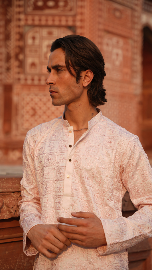 Bakhia Embroidery Work Pink Kurta Dress Men