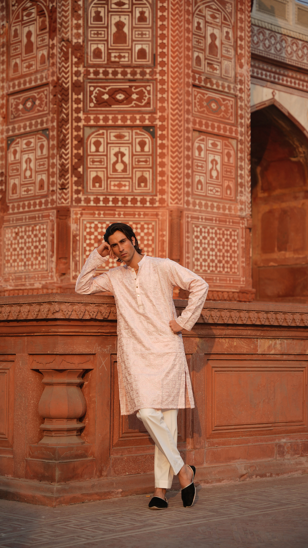 Bakhia Embroidery Work Pink Kurta Dress Men