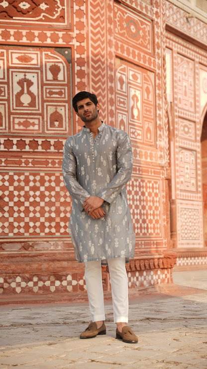 Powder Blue Chikan-Doz Kurta For Men