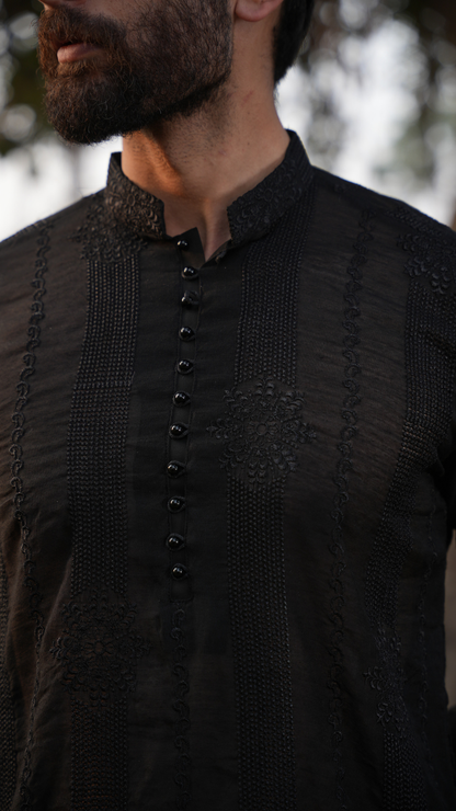 Black Needlework Men Kurta Dress