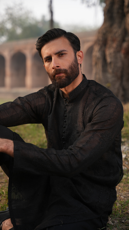 Black Needlework Men Kurta Dress