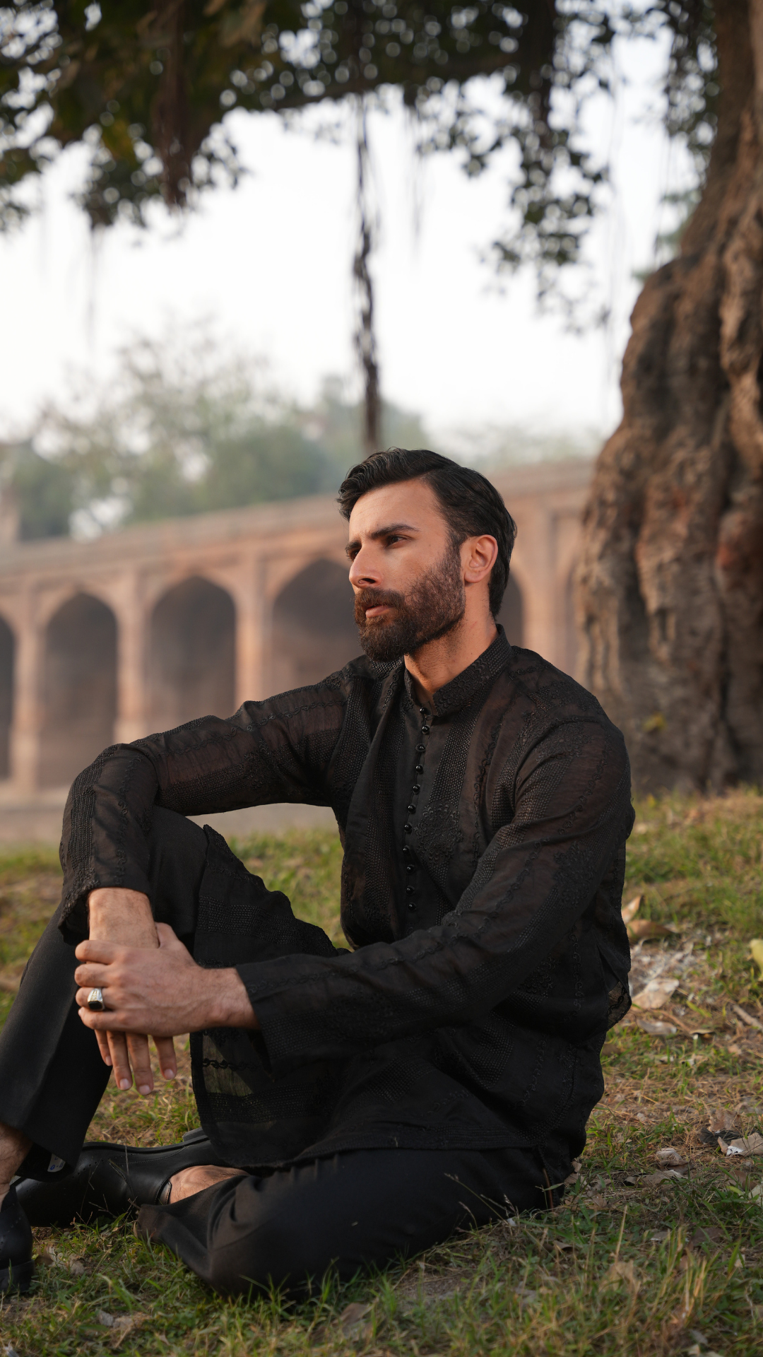 Black Needlework Men Kurta Dress