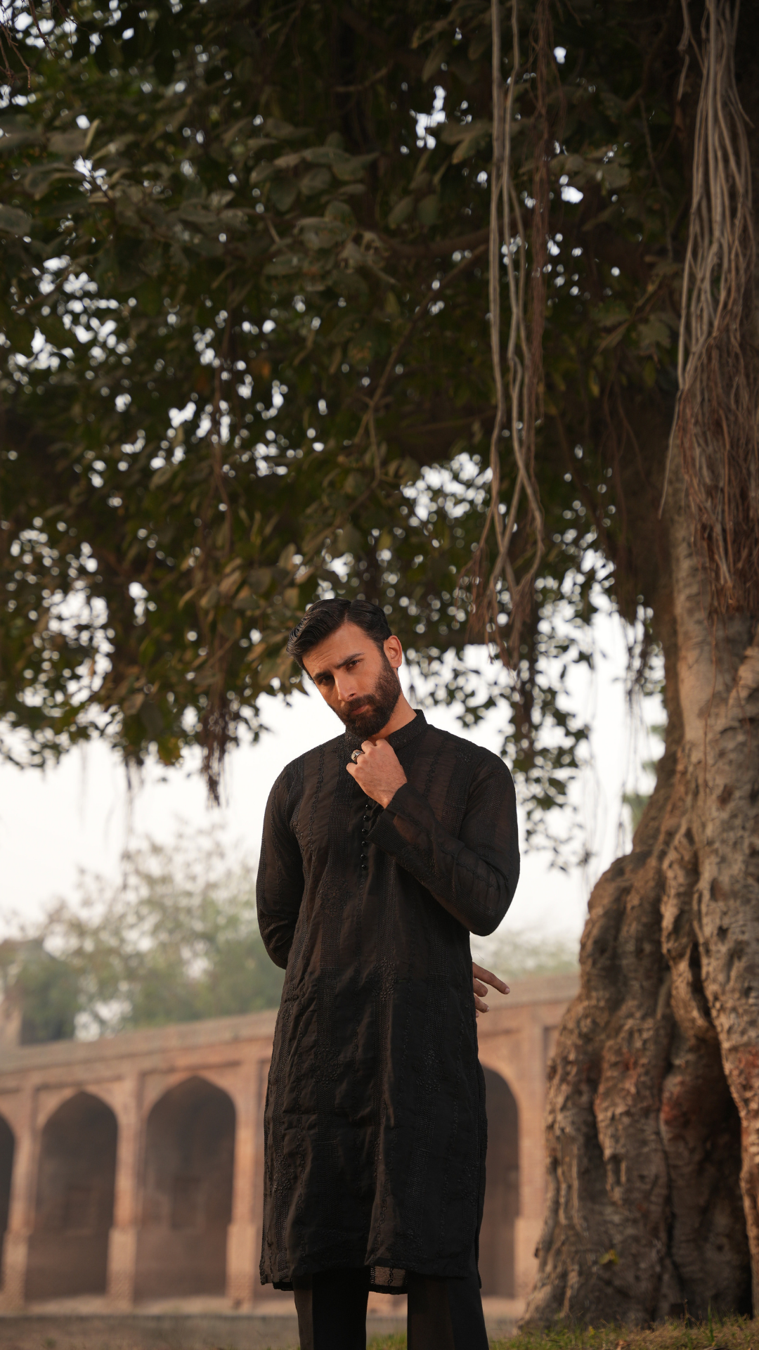 Black Needlework Men Kurta Dress