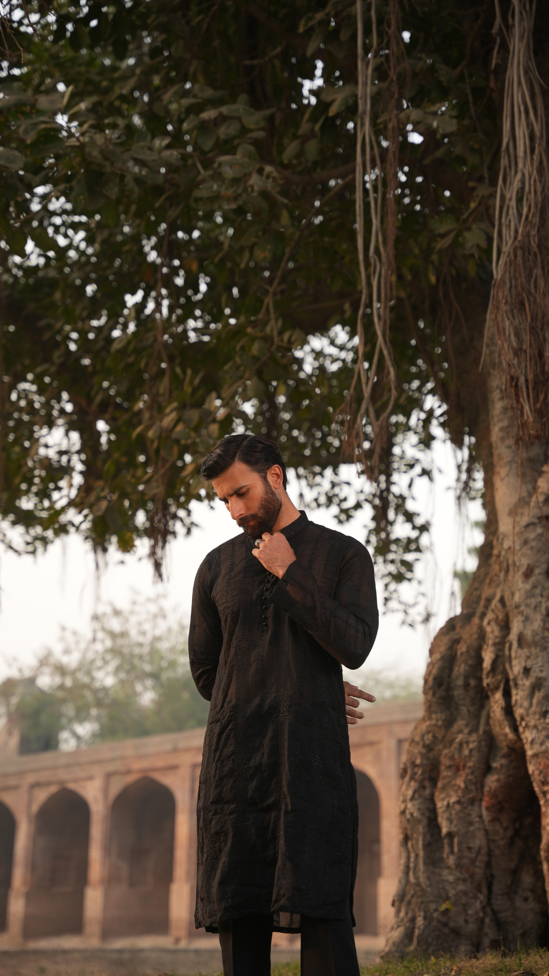 Black Needlework Men Kurta Dress