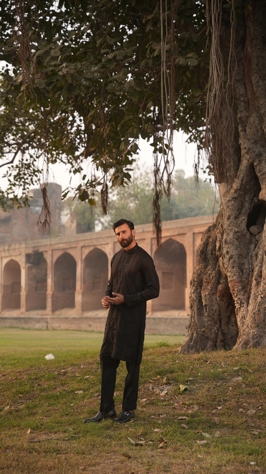 Black Needlework Men Kurta Dress