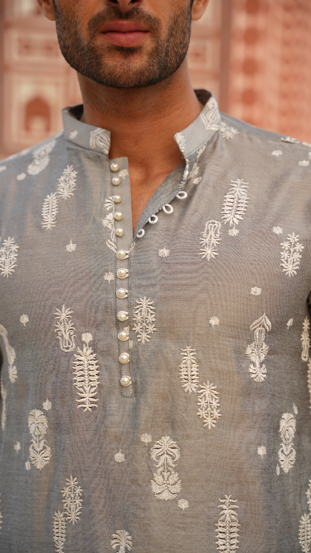 Powder Blue Chikan-Doz Kurta For Men