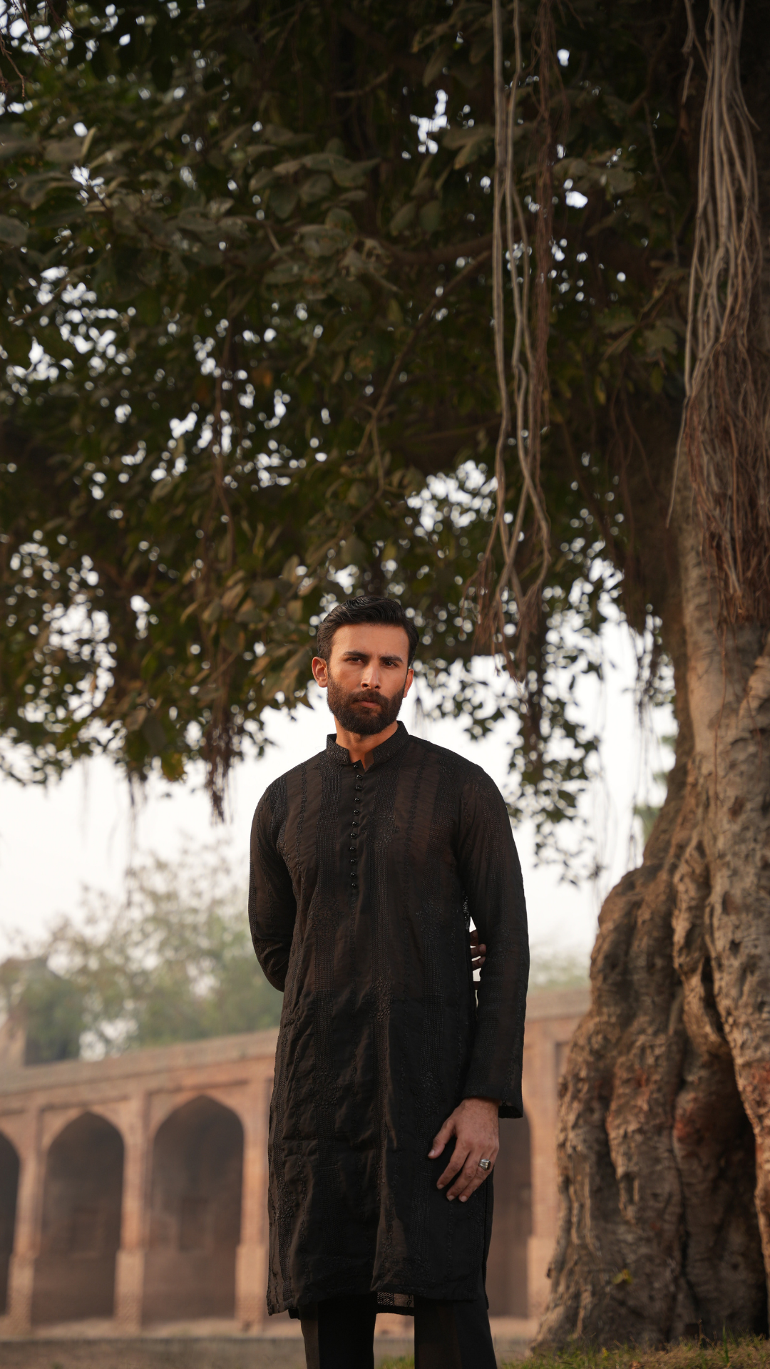 Black Needlework Men Kurta Dress