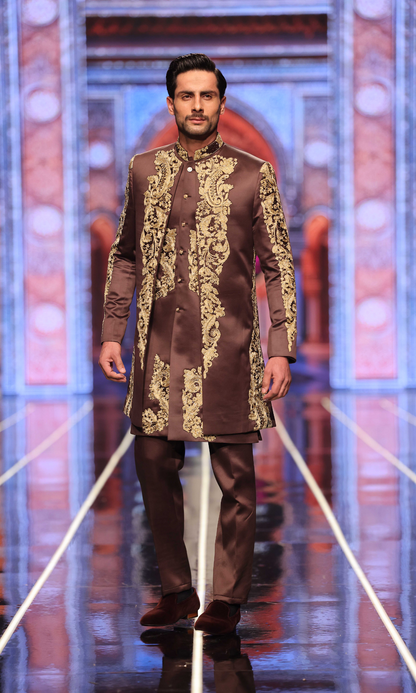 MC 606 Brown Front Open Sherwani With Inner