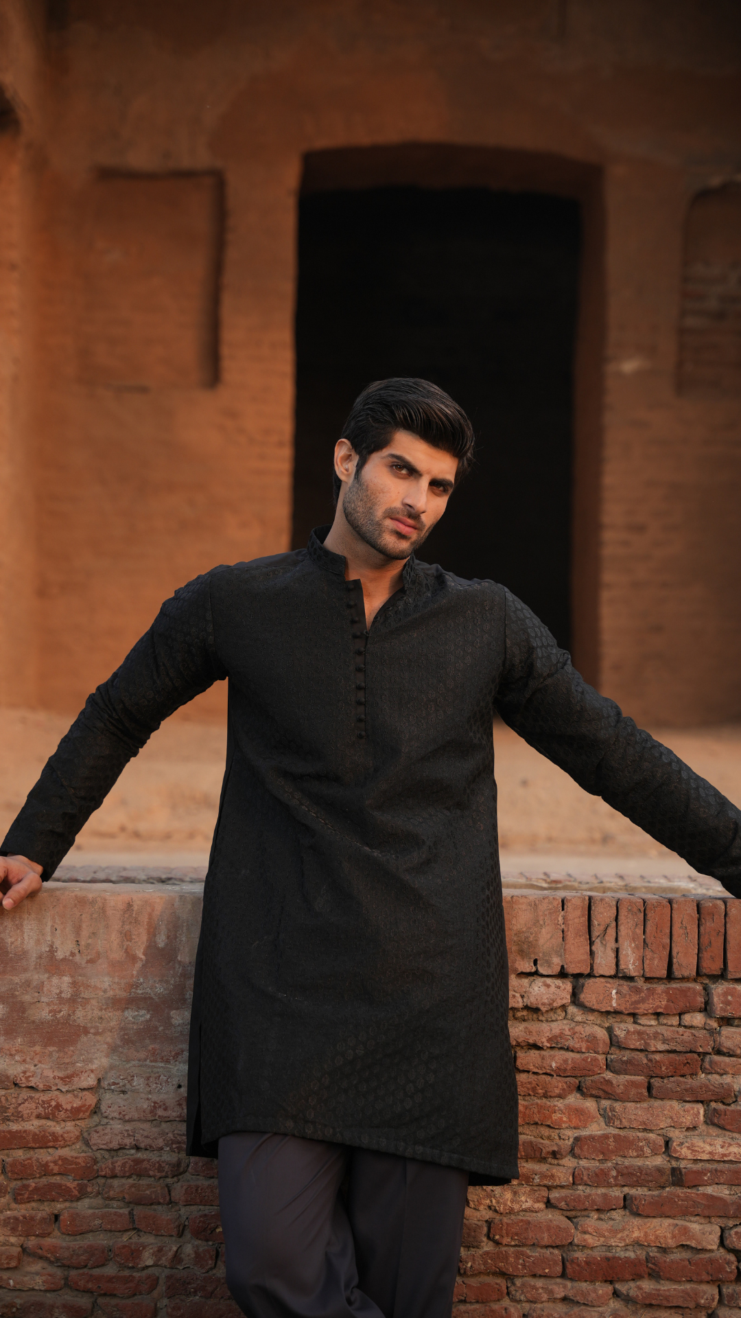 Black Tepchi Embroidery Kurta Dress For Men