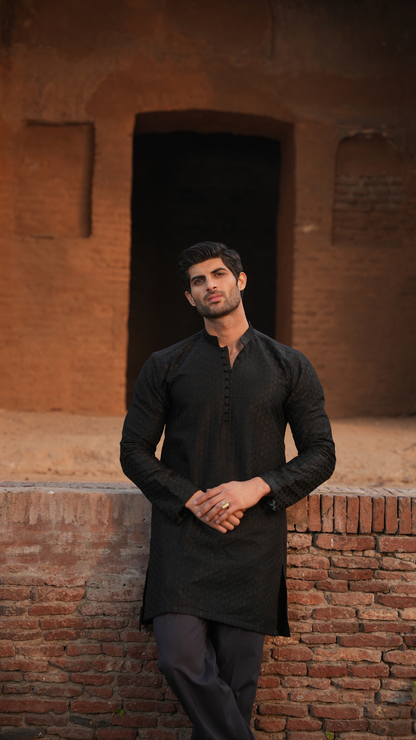 Black Tepchi Embroidery Kurta Dress For Men