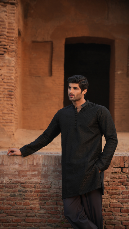 Black Tepchi Embroidery Kurta Dress For Men