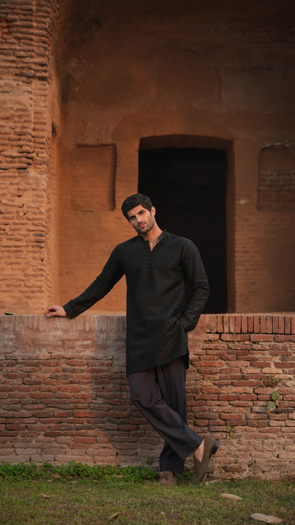 Black Tepchi Embroidery Kurta Dress For Men