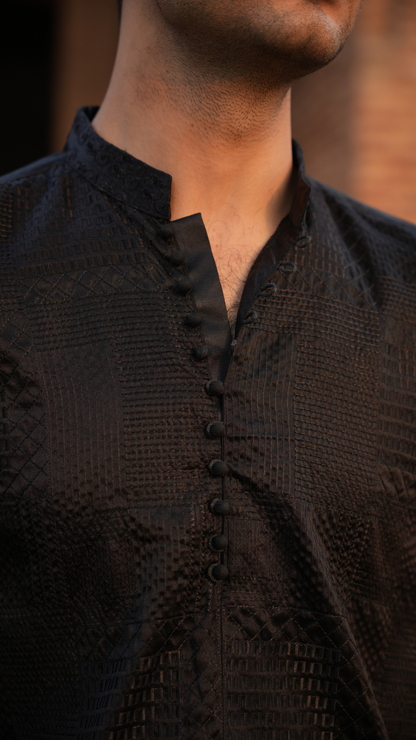 Black Chikan-kari Front Open Kurta For Men