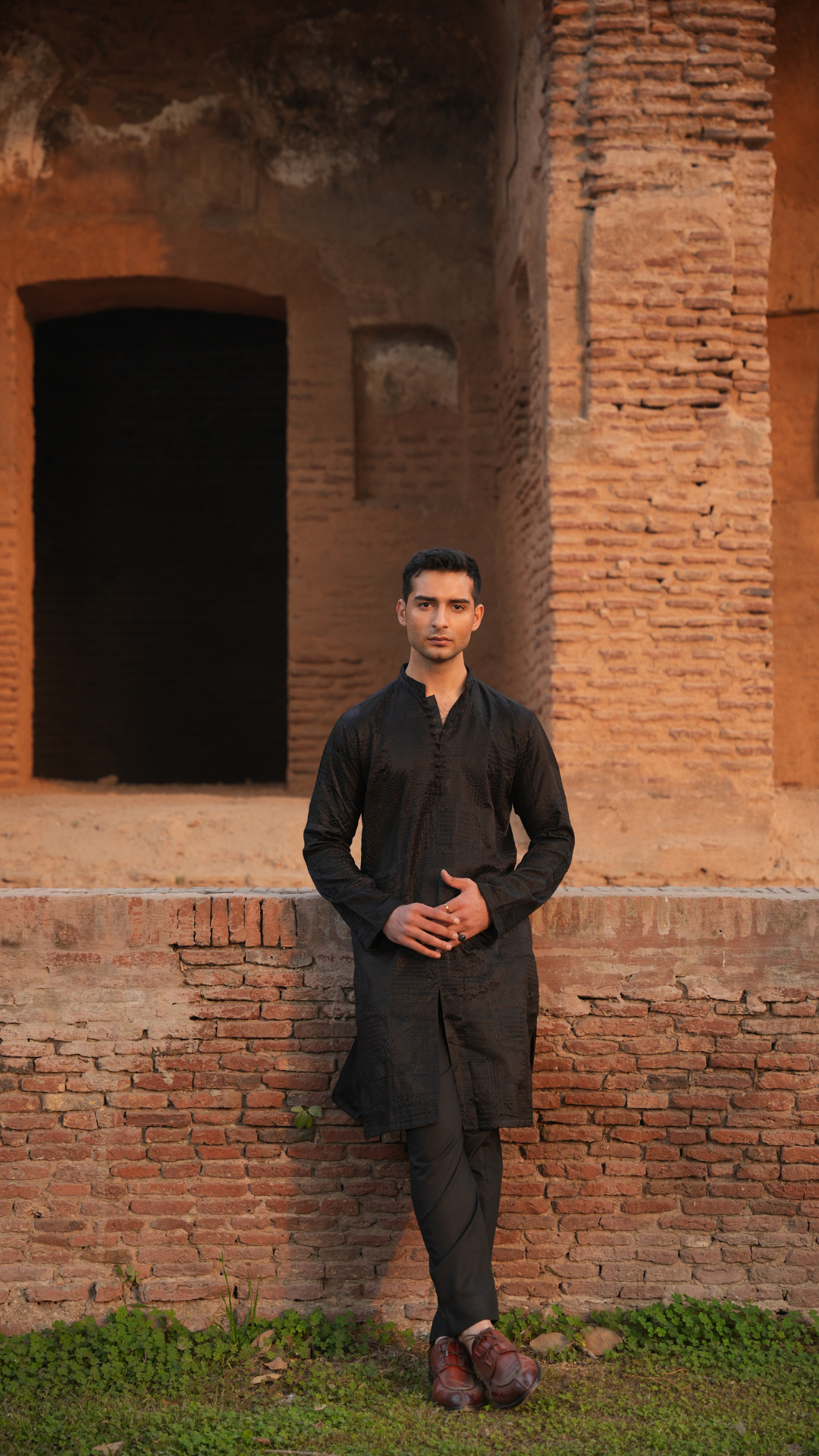 Black Chikan-kari Front Open Kurta For Men