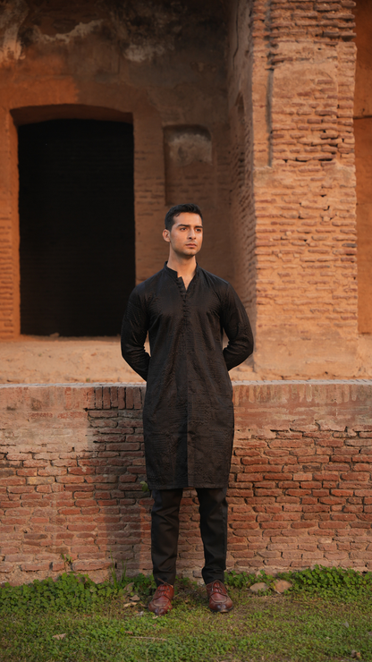 Black Chikan-kari Front Open Kurta For Men