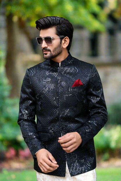 MC 140 Black Sequance Prince Coat Design - Mashal Couture