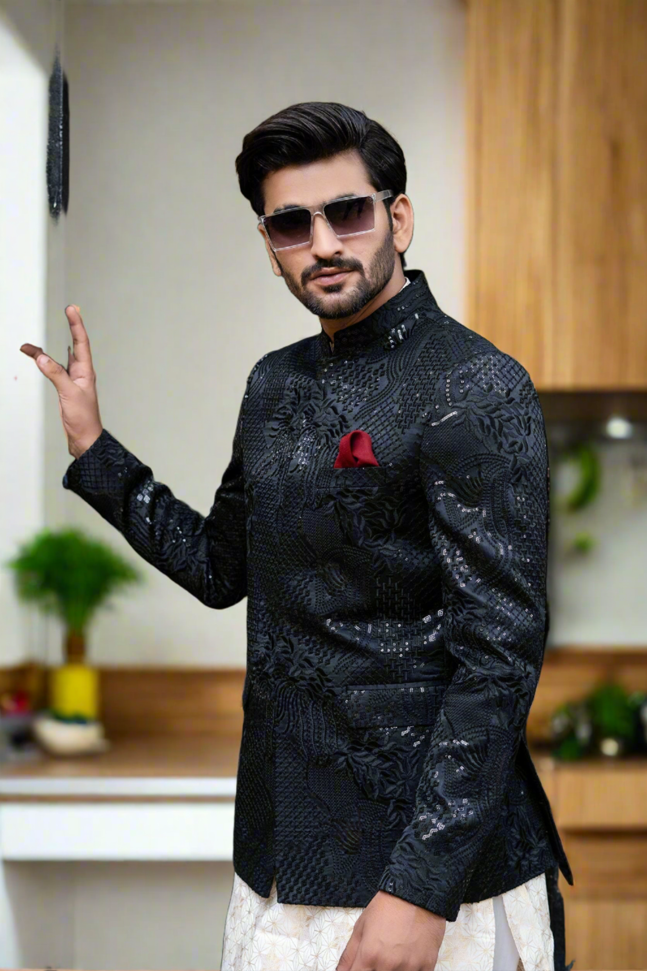 MC 140 Black Sequance Prince Coat Design - Mashal Couture