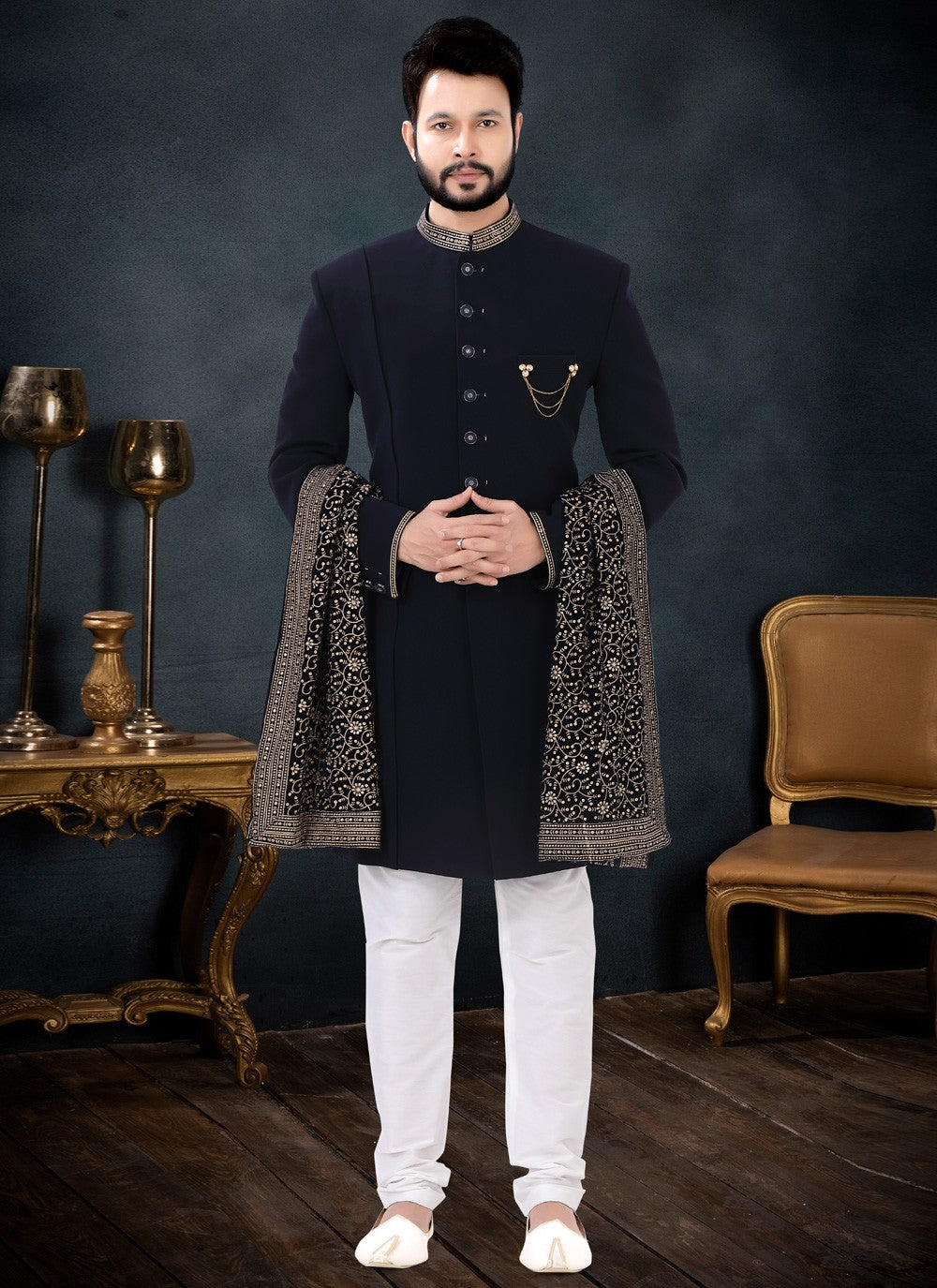 MC 548 Black Sherwani - Mashal Couture