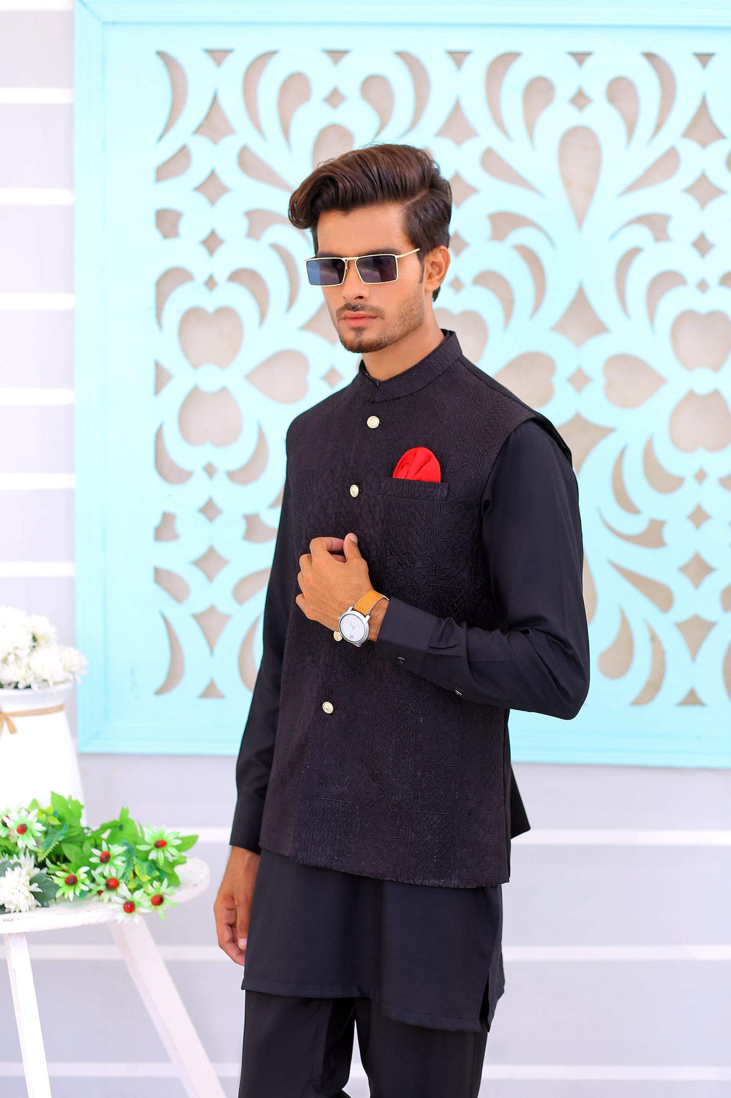 Black embroidered waist coat for men