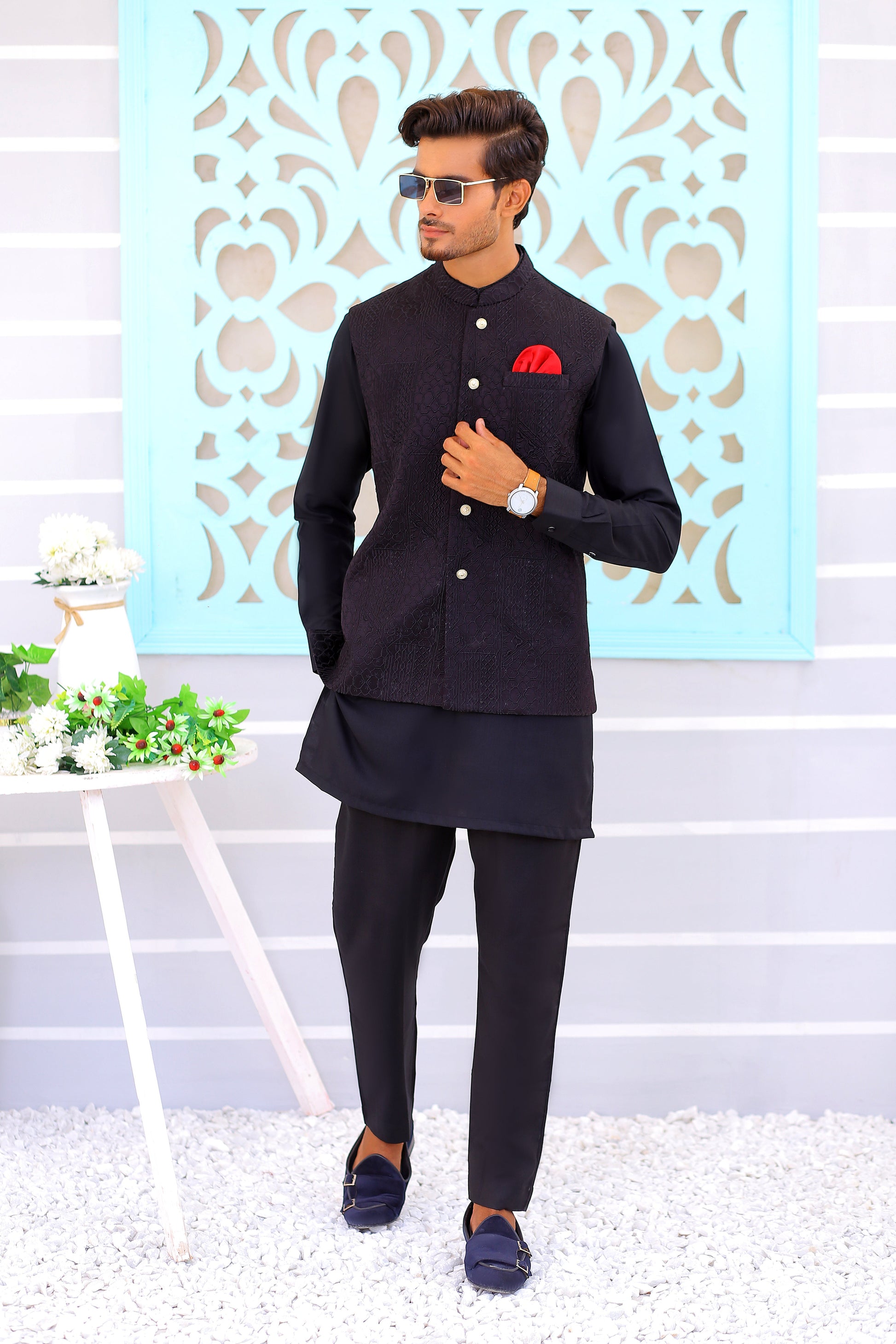 Black embroidered waistcoat men sale