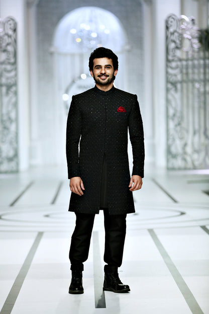 MC 604 Black Bridal Sherwani Mens Wear - Mashal Couture