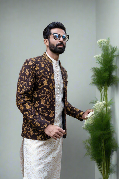 MC 141 Brown Copper Emb Prince Coat For Groom - Mashal Couture