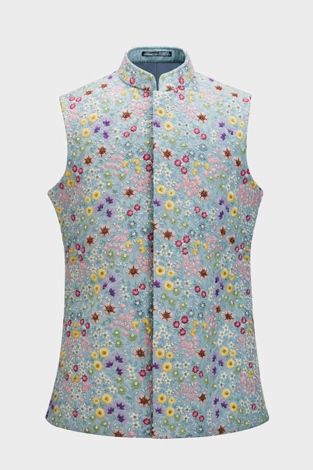 MC 111 Grey Embroidered Bundi Waistcoat for Men at MashalCouture.com