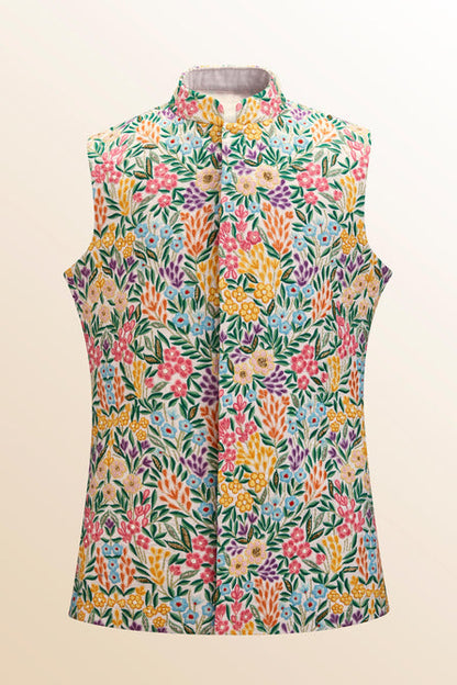MC 109 Floral White Summer Waistcoat for Men at MashalCouture.com