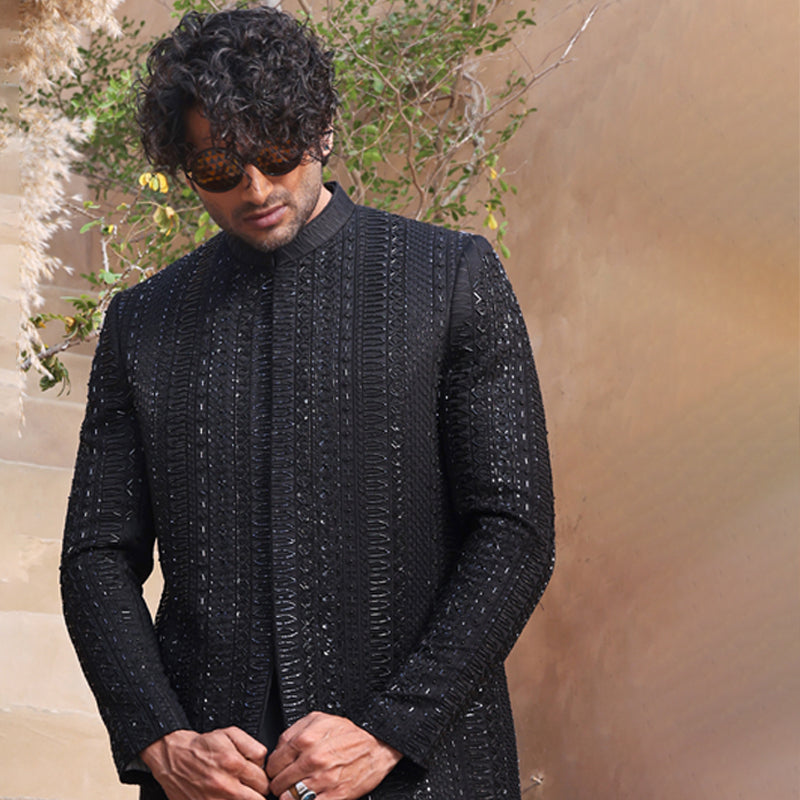 MC 552 Black Handcraft Sherwani For Men - Mashal Couture