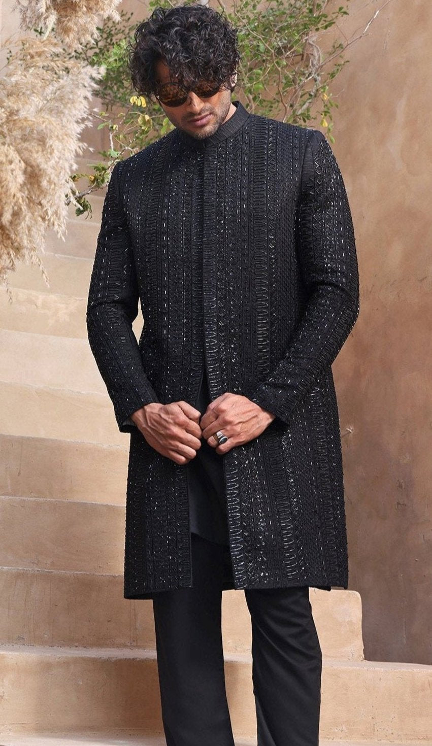 MC 552 Black Handcraft Sherwani For Men - Mashal Couture