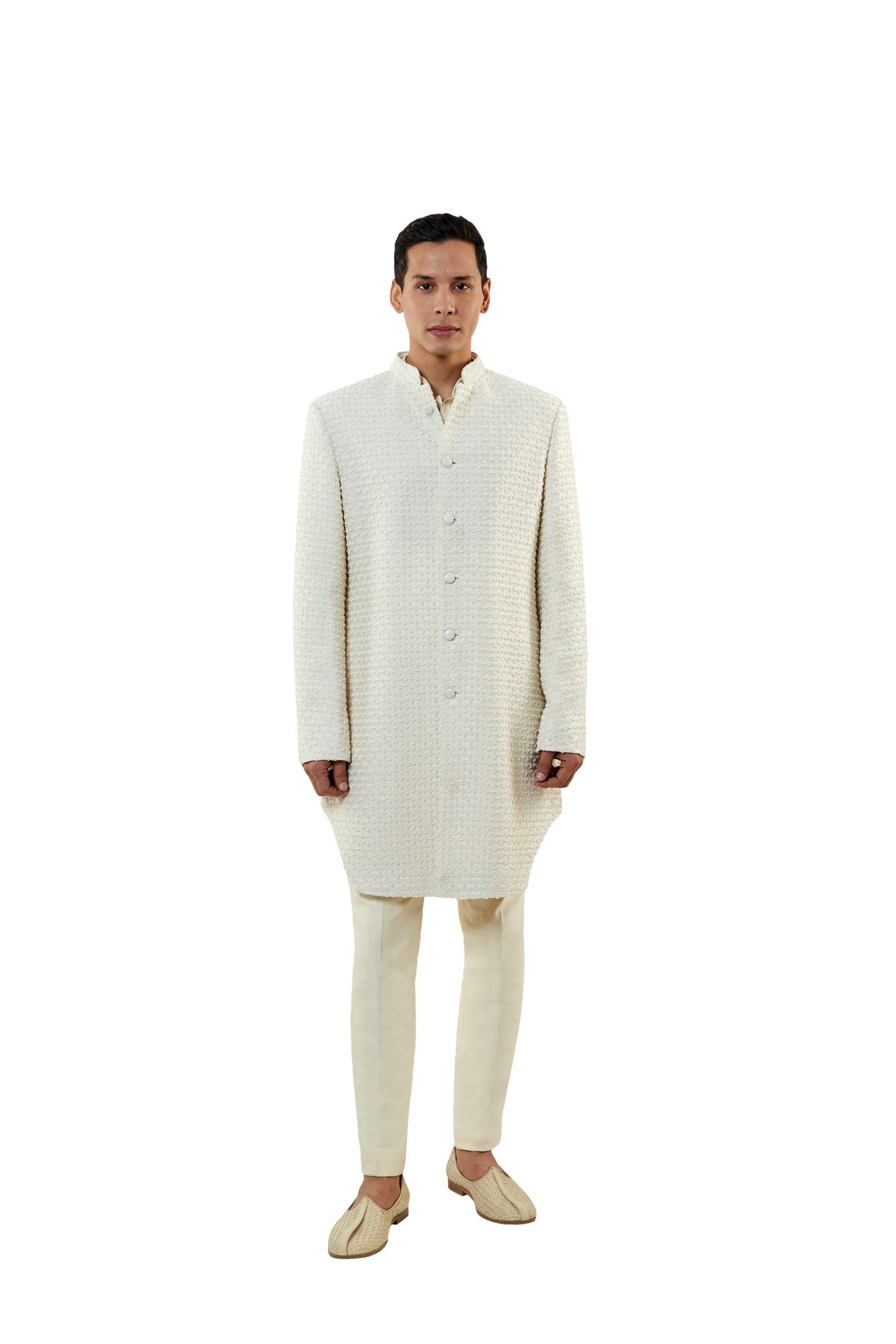 MC 520 White Short Sherwani With Pants at MashalCouture.com