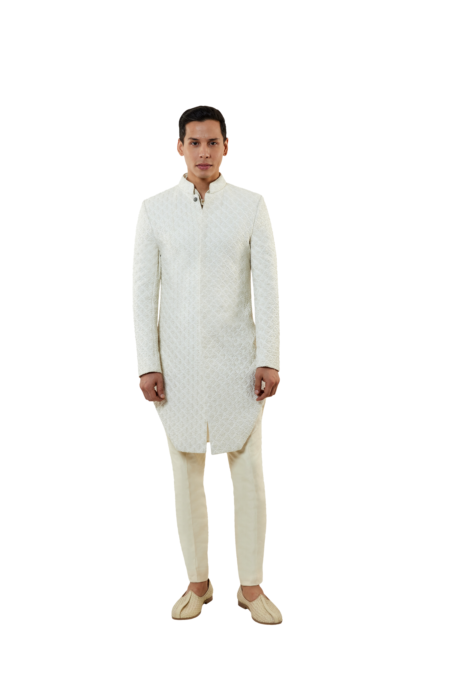 MC 521 White Short Sherwani With Pants at MashalCouture.com